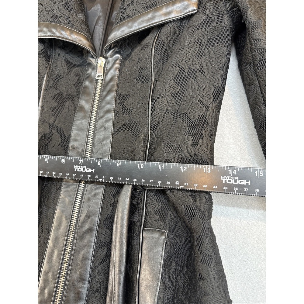 Bebe Black Barquard Fit and Flare Coat Faux Leather Trim Lace XS Asymmetric Zip - Picture 5 of 9